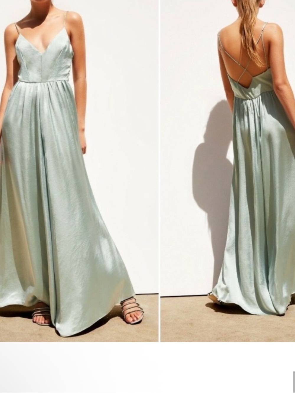 ⬆️ ZARA LIMITED EDITION SEAFOAM GREEN MINT SATIN EFFECT WIDE LEG JUMPSUIT